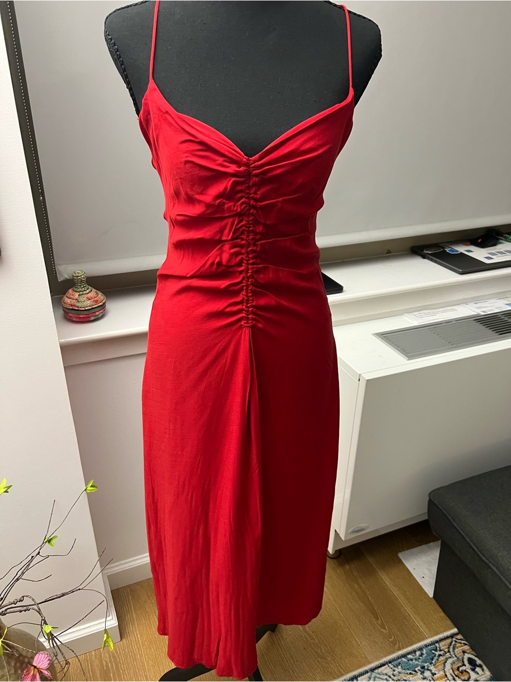 Mango Red Ruched Midi Slip Dress